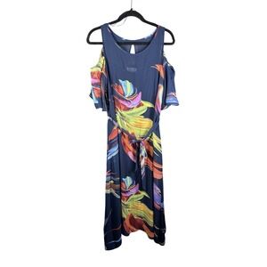 Signature by Robbie Bee Dress Women 10 Navy Floral Cold Shoulder‎ Tie Waist Midi